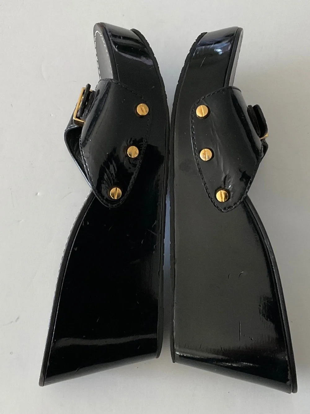 TORY BURCH Rosie Logo Buckle Platform Wedge Sandals in Black Patent  Size 8.5